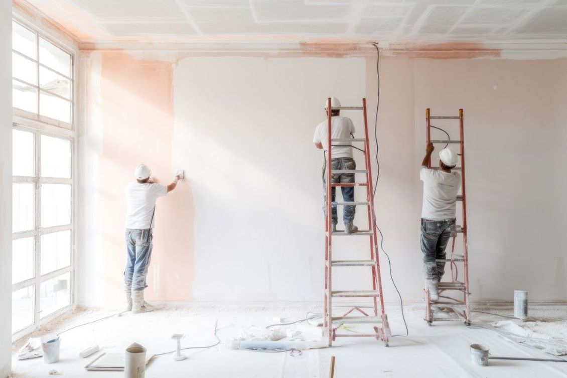 Three men are painting a wall in a room.