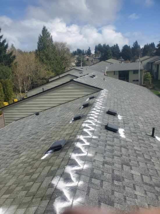 A shingled roof with a zigzag pattern of white markings, vents, and surrounding houses under a partly cloudy sky.