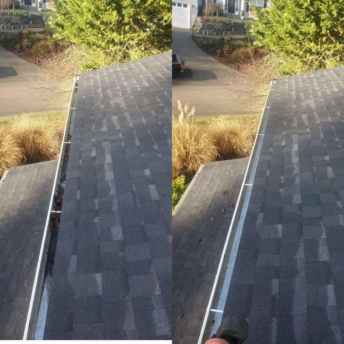 Before-and-after of a roof gutter cleaning, showing debris-filled vs. clean gutter with a view of a street and landscaping.