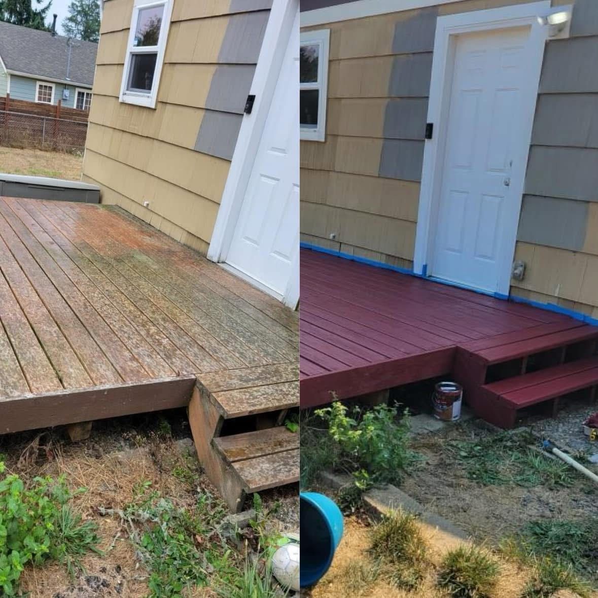 Before and after: Wooden deck before cleaning and after being painted red, next to a house.