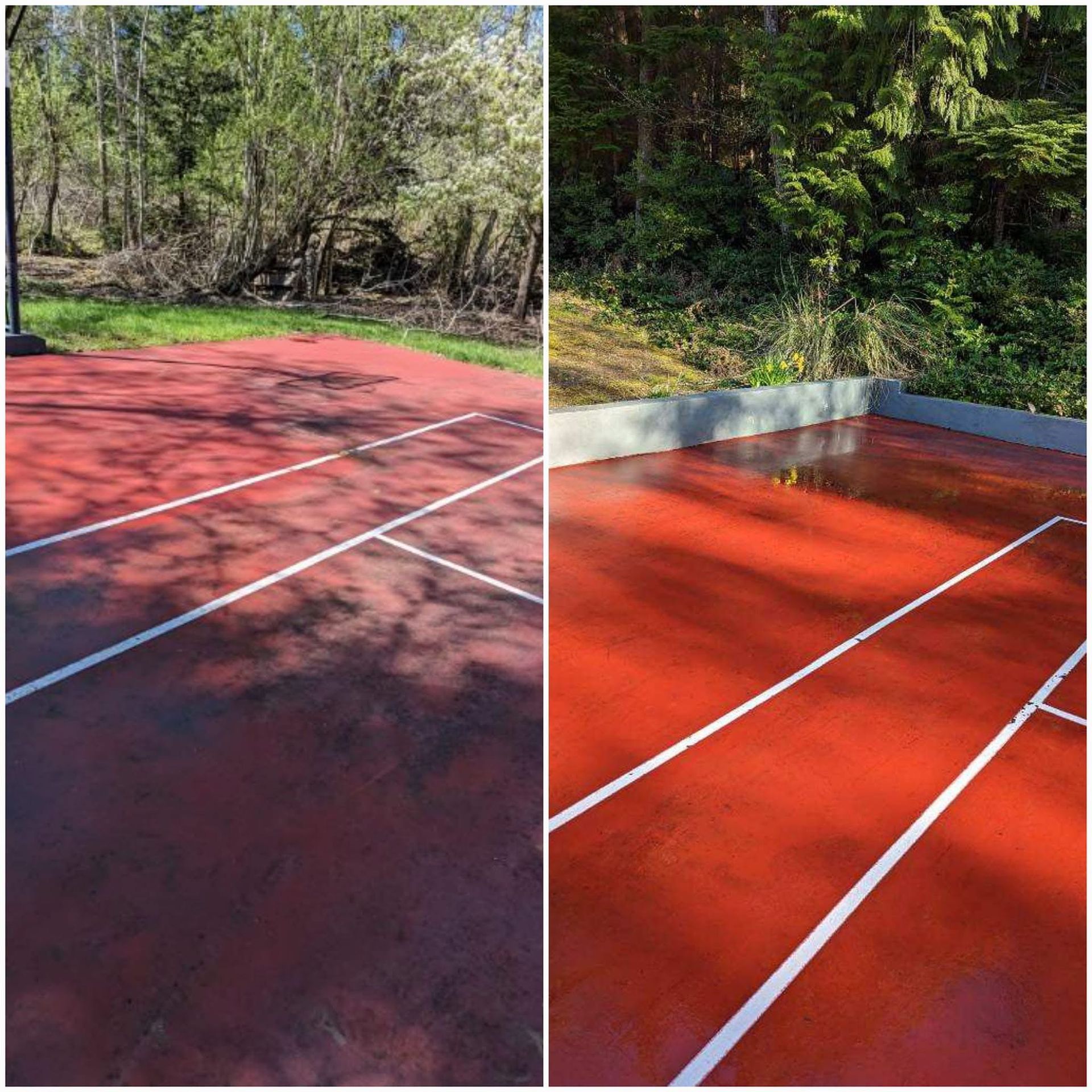 Two-panel comparison: dark red basketball court before and after cleaning. White lines and surrounding trees are visible.