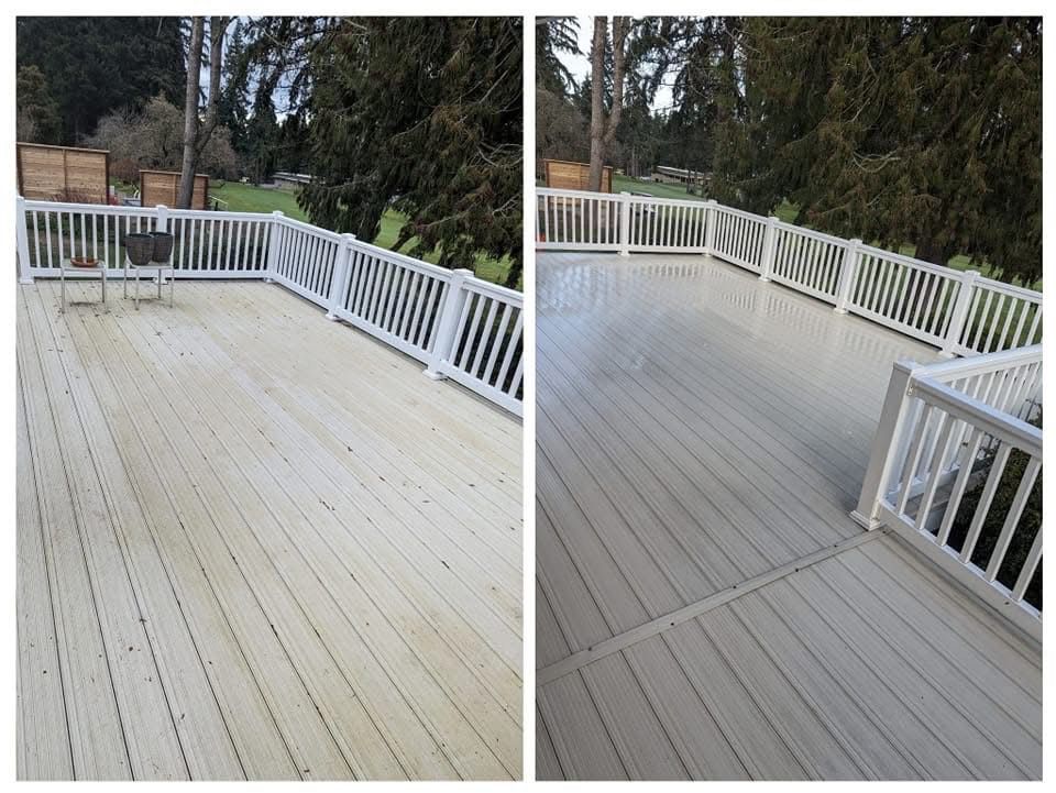 Before and after comparison of a wooden deck. Left side is dirty; right side is clean. White railing surrounds deck.