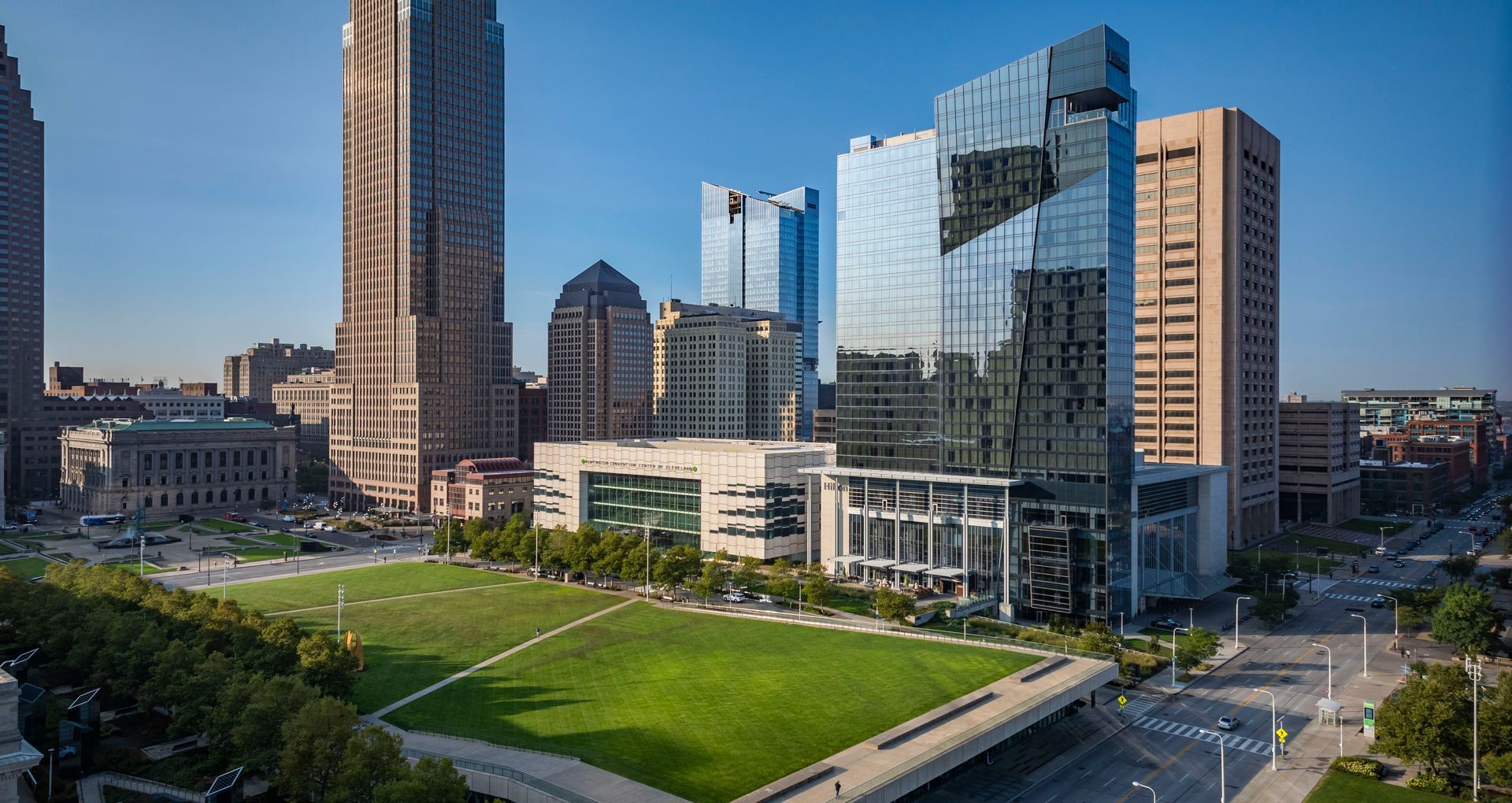 An aerial view of the cleveland convention center