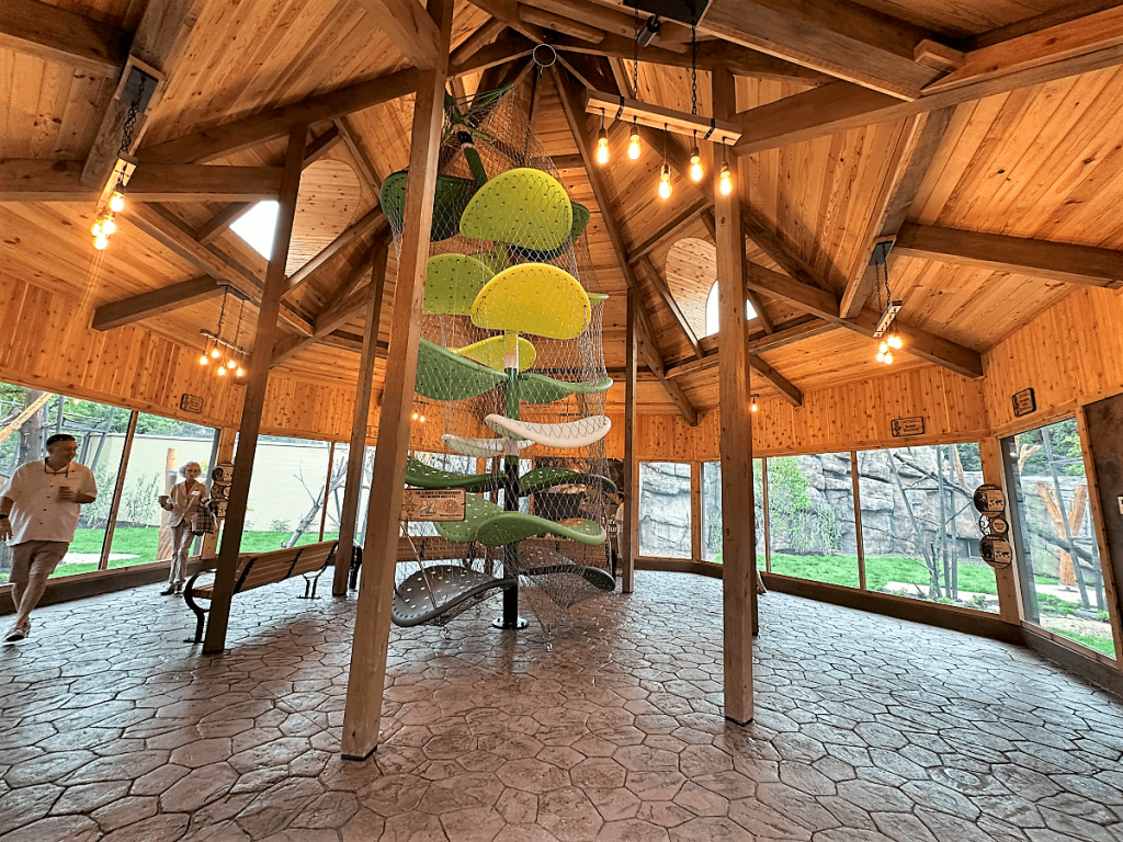 A large room with a tree in the middle of it.