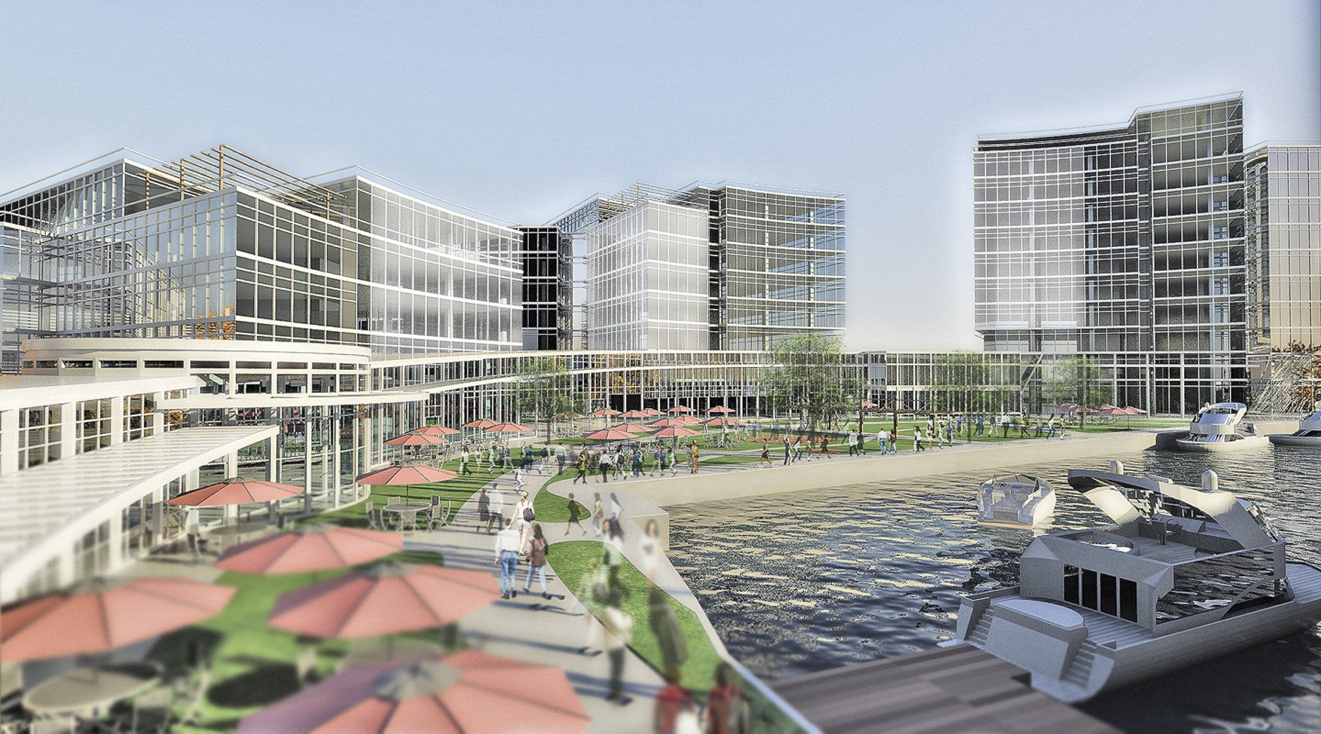 An artist 's impression of a marina with boats and umbrellas