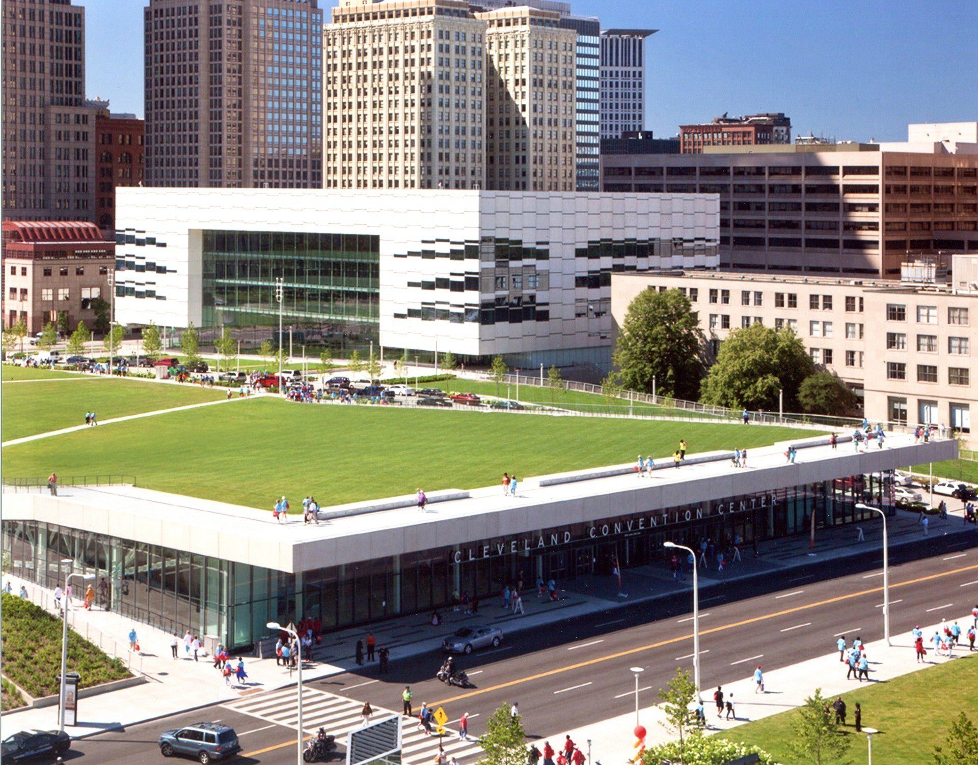 An aerial view of the cleveland convention center