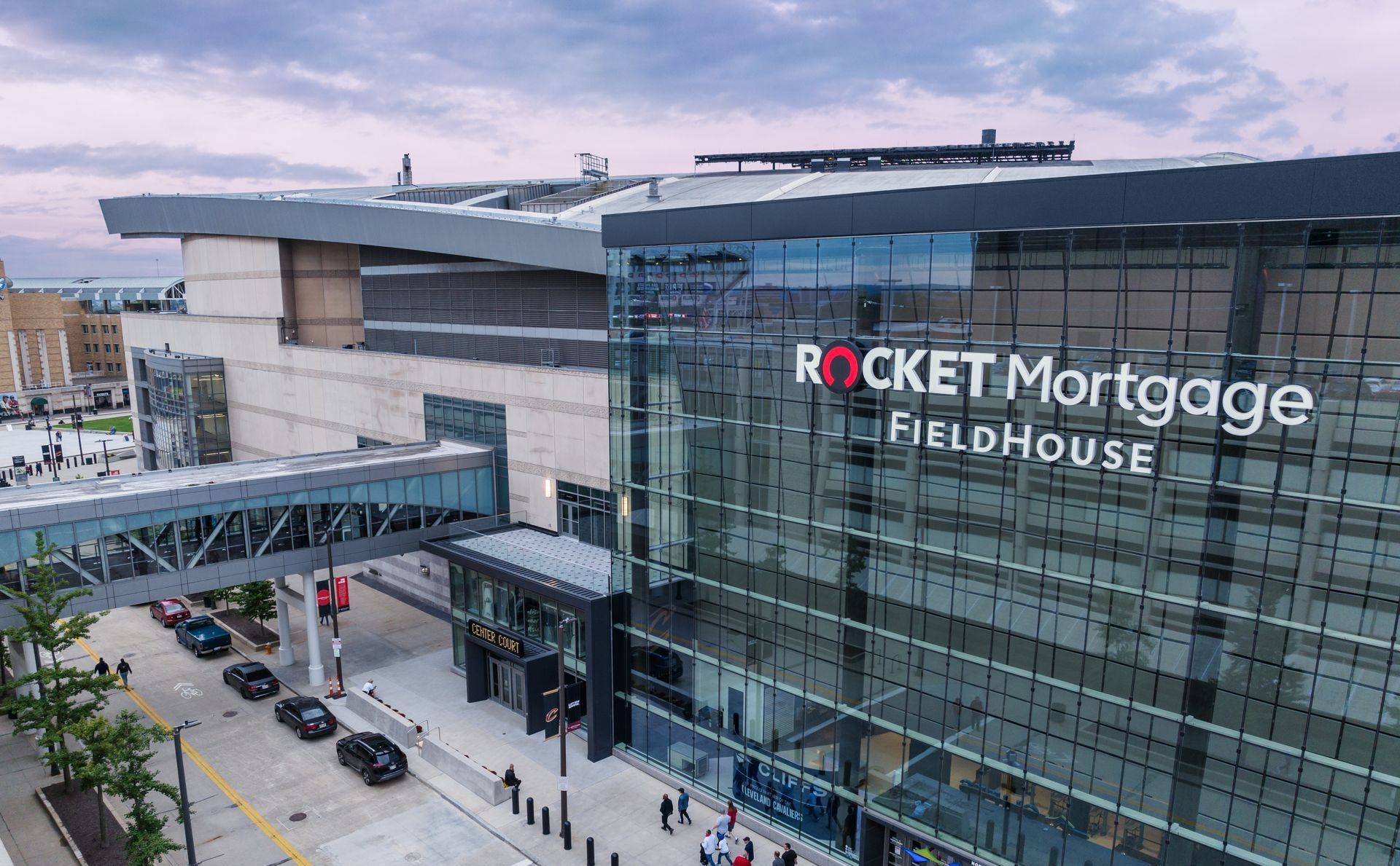 An aerial view of the rocket mortgage fieldhouse.