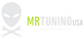 Logo for MR Tuning USA: Gray alien head with crossed wrenches, green 