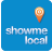 A blue square with the words show me local on it
