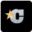 A white letter c with a yellow star on a black background.