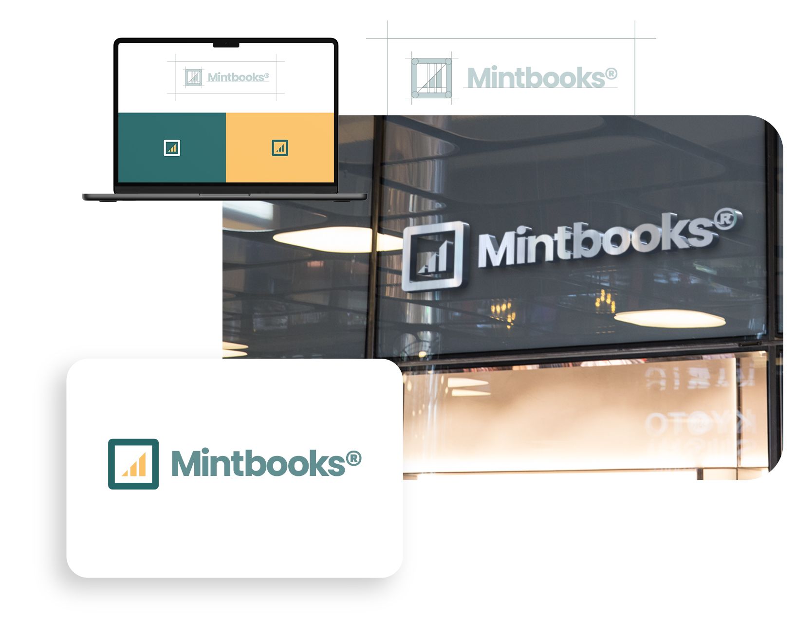 a laptop is sitting on top of a table next to a sign that says mintbooks.