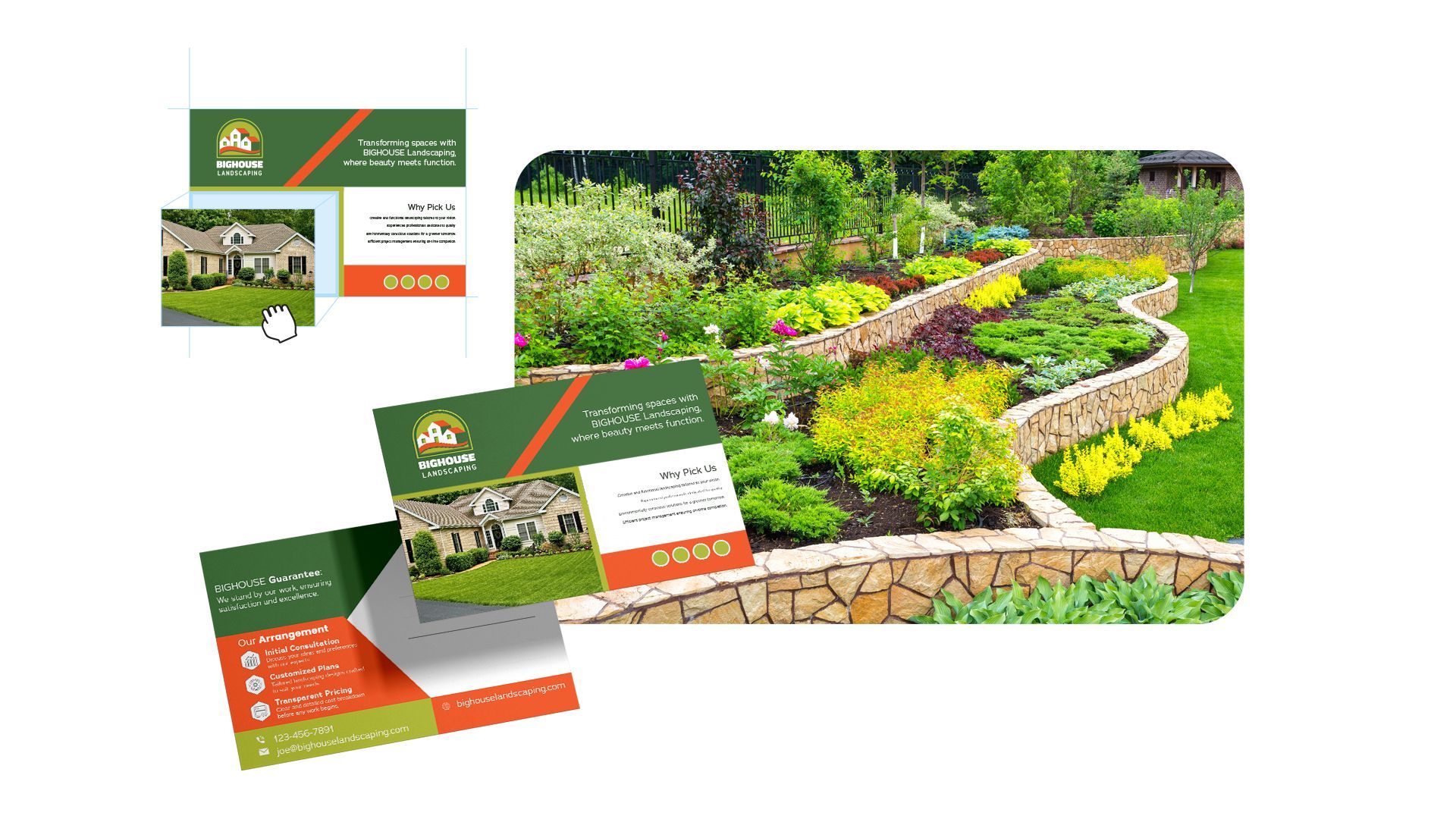there is a picture of a garden and a picture of a business card .