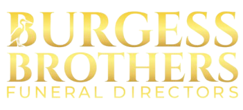 Gold logo: "BURGESS BROTHERS", a funeral home, with a bird icon. "FUNERAL DIRECTORS" is below.