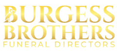Gold logo: "BURGESS BROTHERS", a funeral home, with a bird icon. "FUNERAL DIRECTORS" is below.