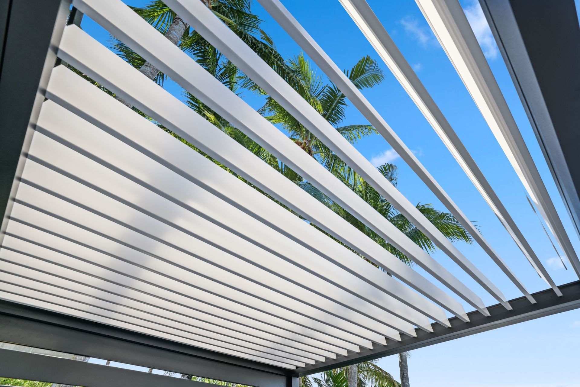 Louvered pergola roof against a blue sky with palm trees visible through the slats.