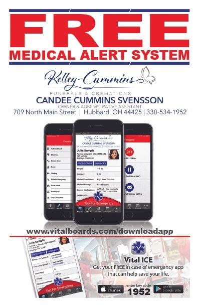 Advertisement for a free medical alert system. Shows three smartphones displaying app screens. The advertiser is Kelley-Cummins.