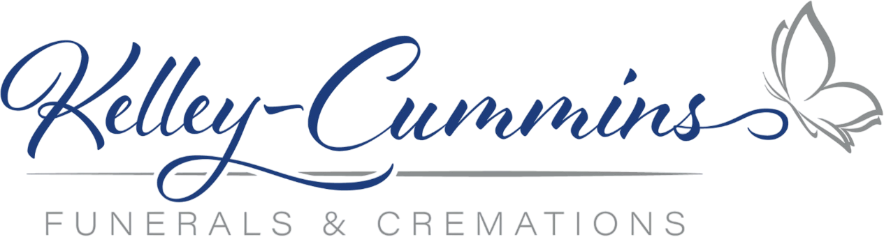 Kelley-Cummins logo with blue script text, butterfly graphic, and "FUNERALS & CREMATIONS" in gray below.