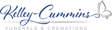 Kelley-Cummins logo with blue script text, butterfly graphic, and "FUNERALS & CREMATIONS" in gray below.