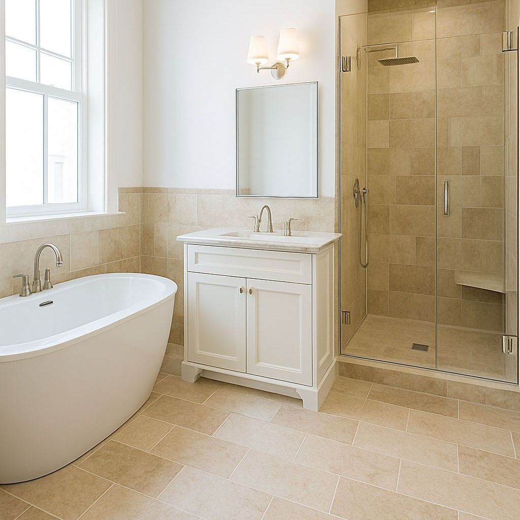 A bathroom with a tub , sink , mirror and shower.