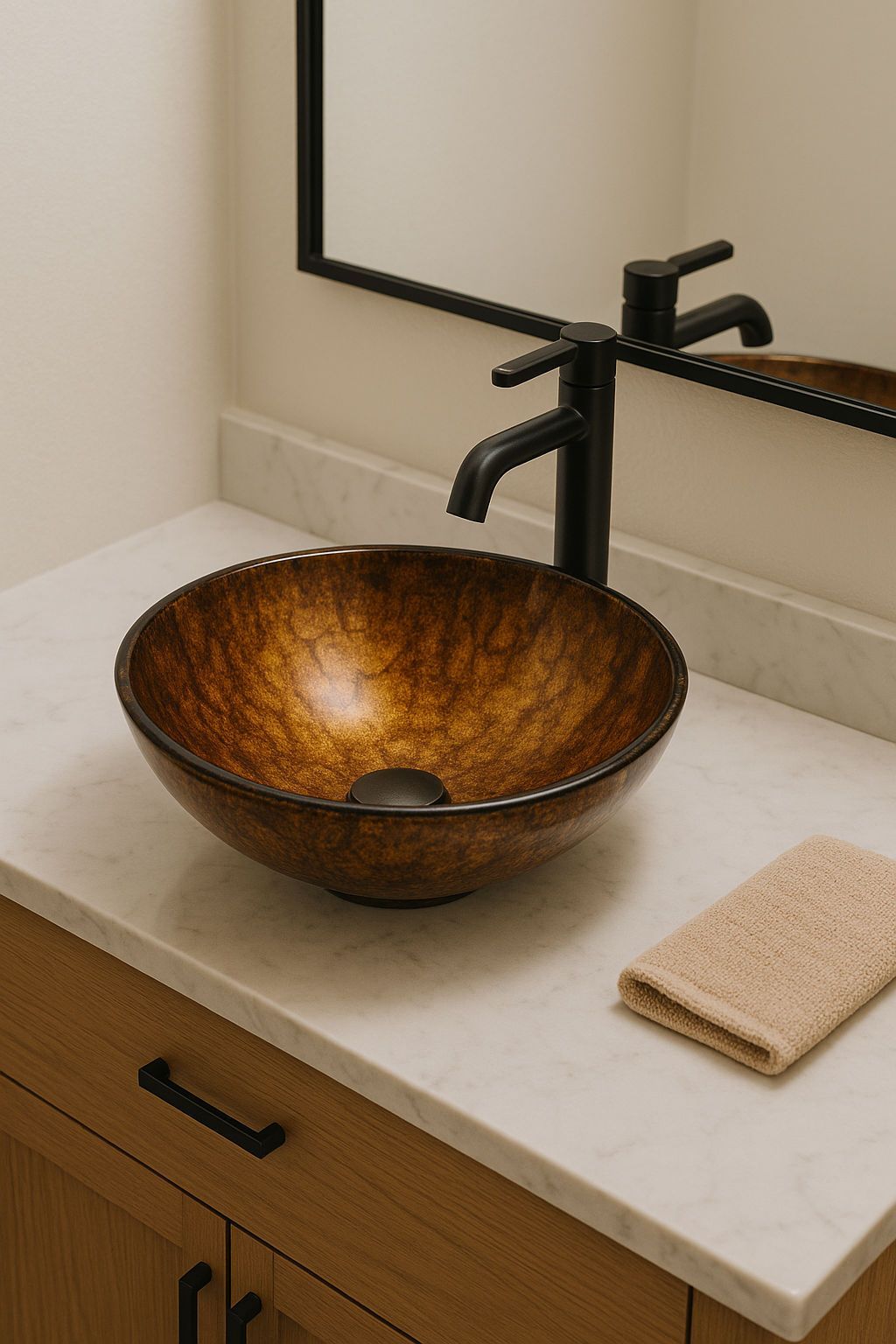 A bathroom sink with a faucet and a towel on the counter.
