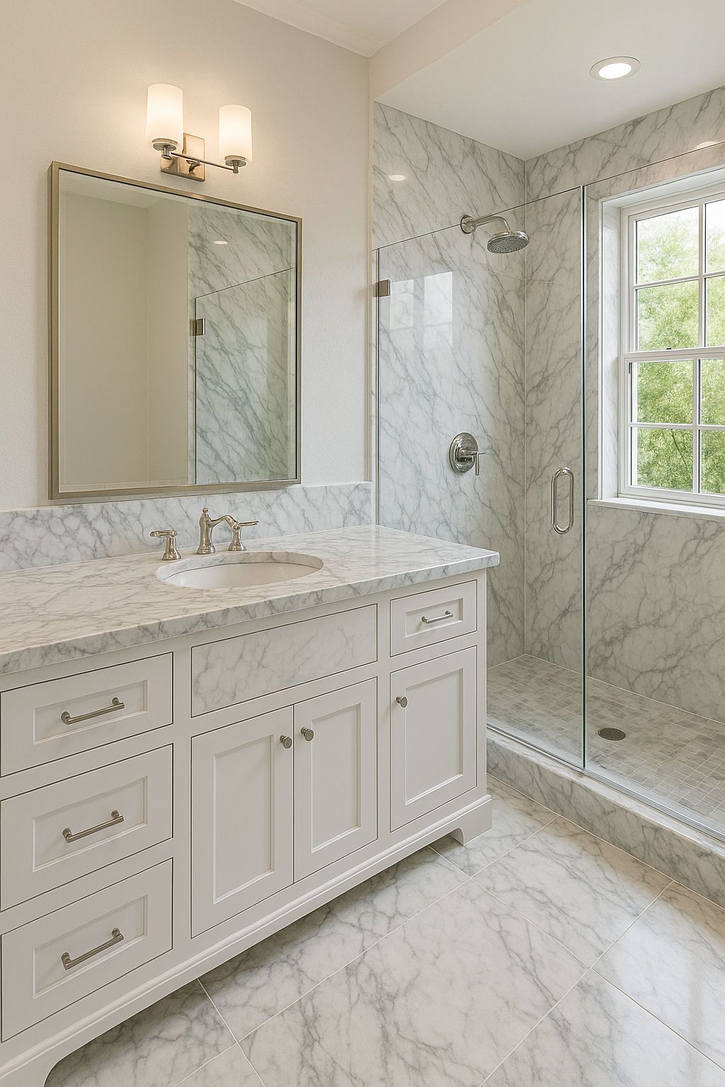 A bathroom with a sink , mirror , and walk in shower.