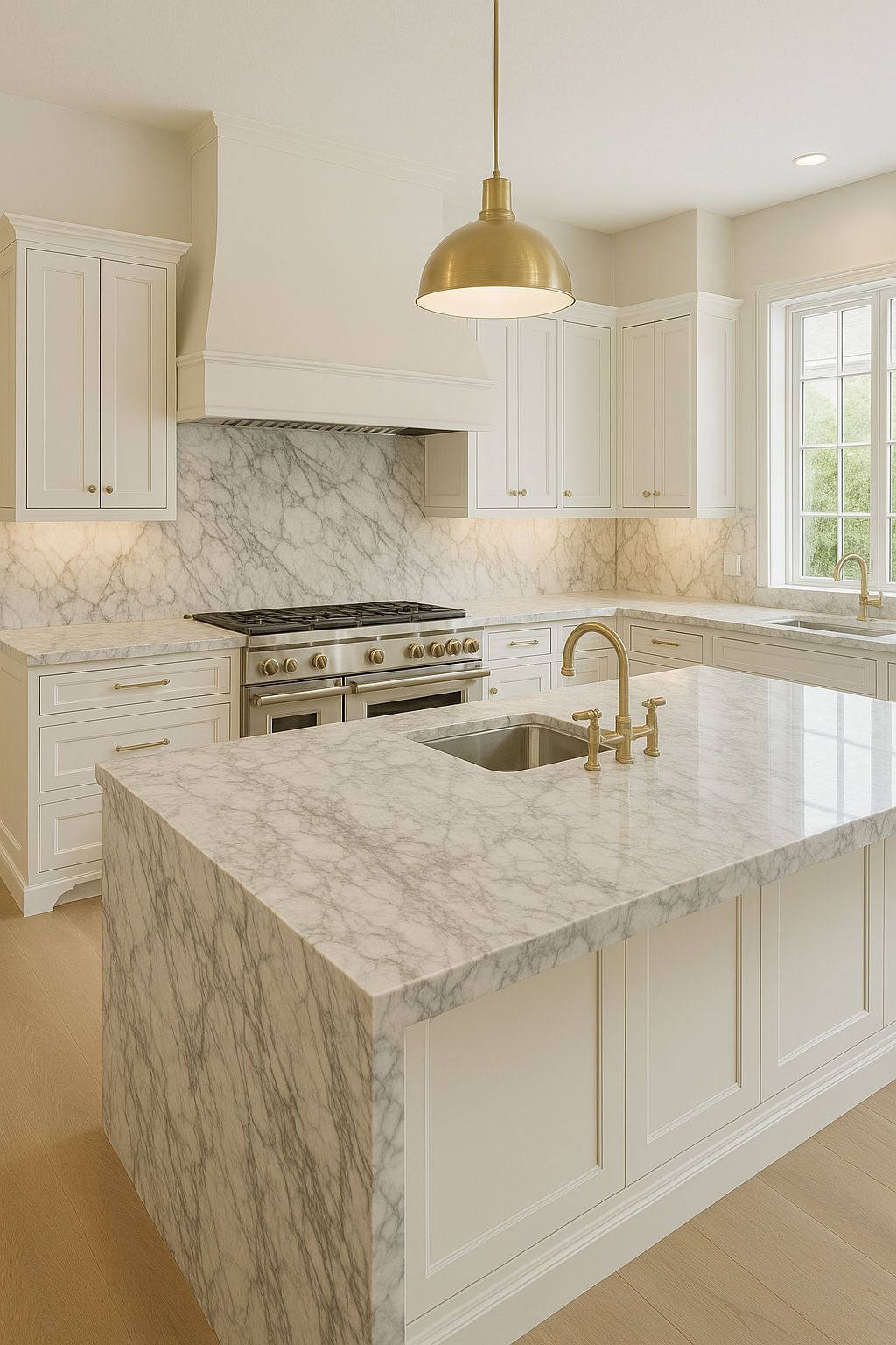 A kitchen with white cabinets , marble counter tops , a sink and a stove.