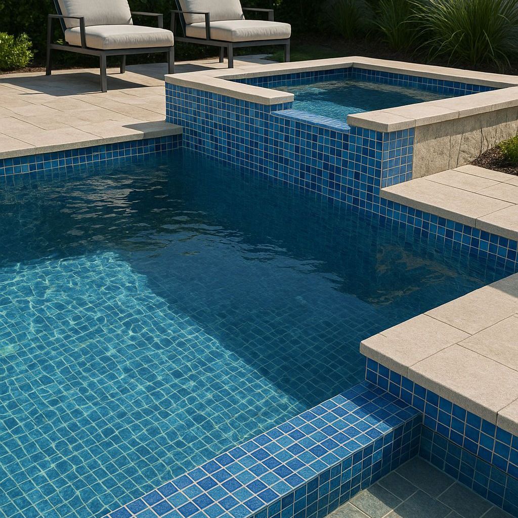A swimming pool with blue tiles and two chairs in the background