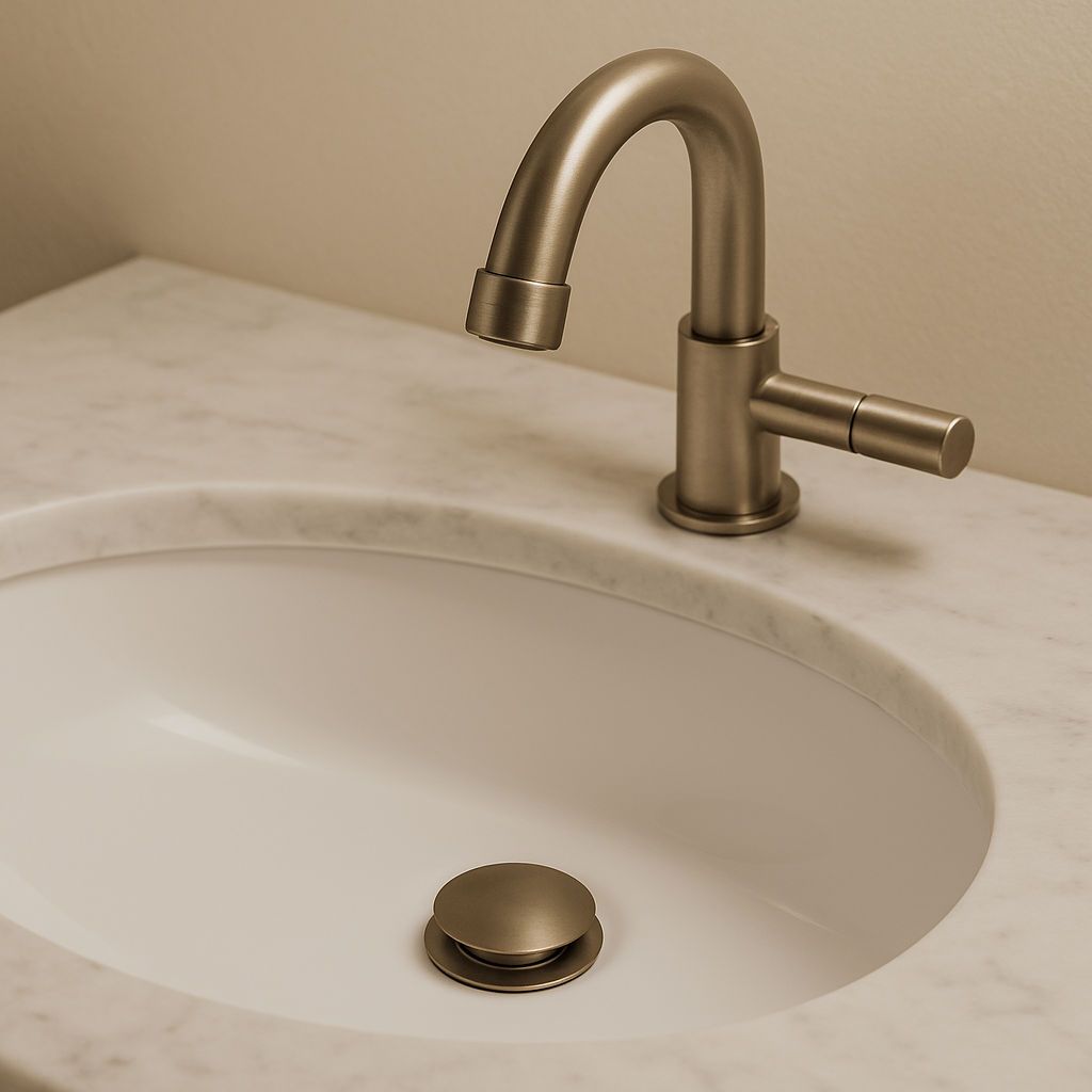 A bathroom sink with a stainless steel faucet