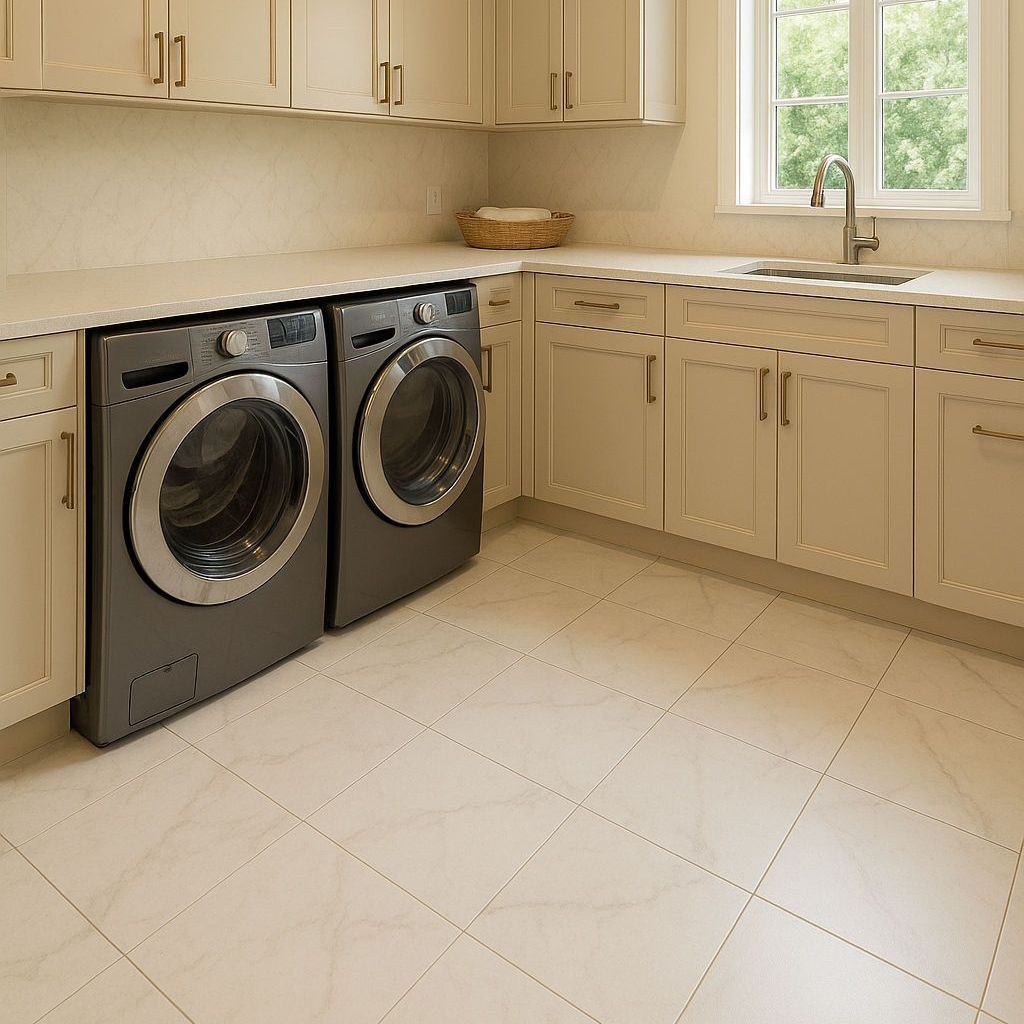 A laundry room with two washing machines and a sink