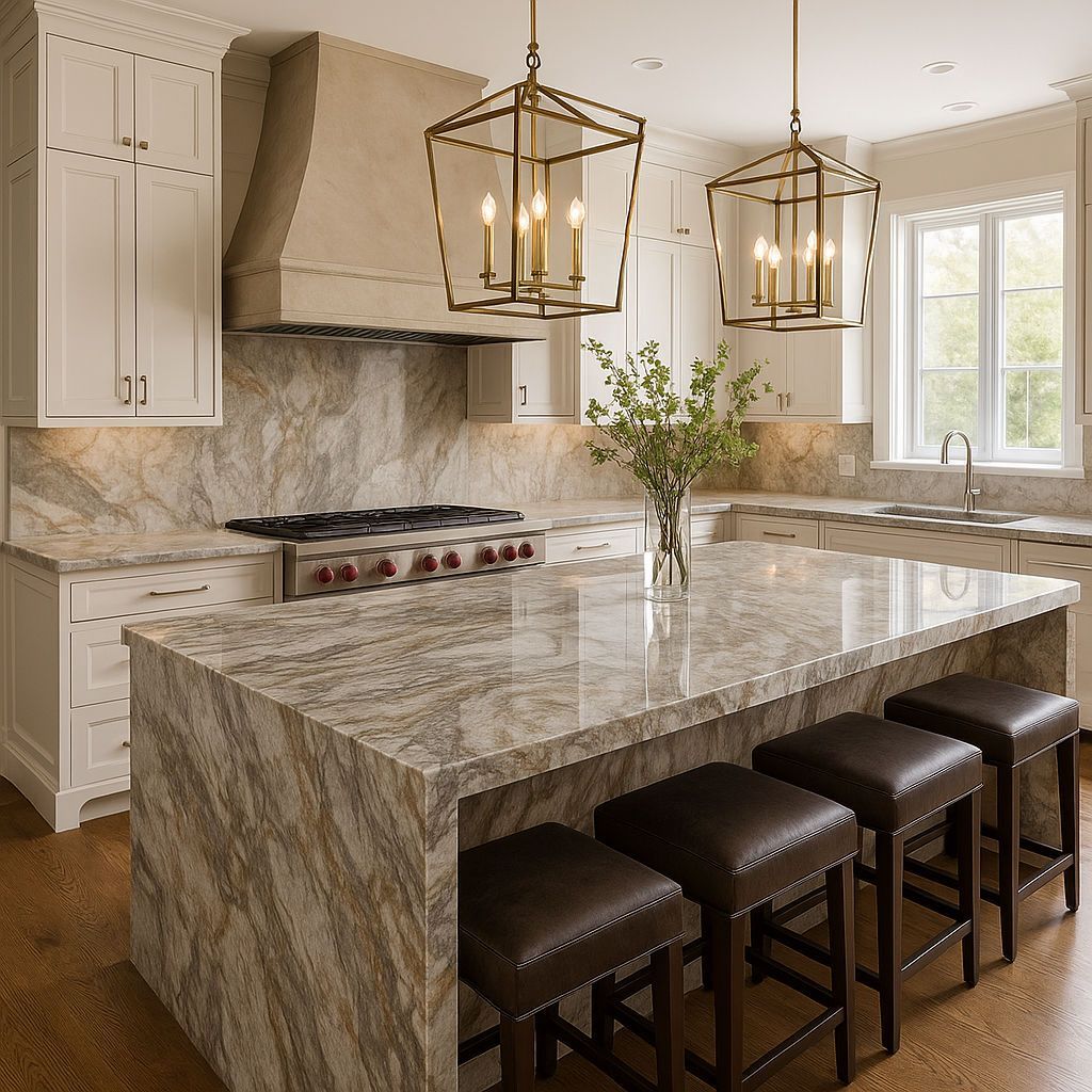 A kitchen with a large island and stools