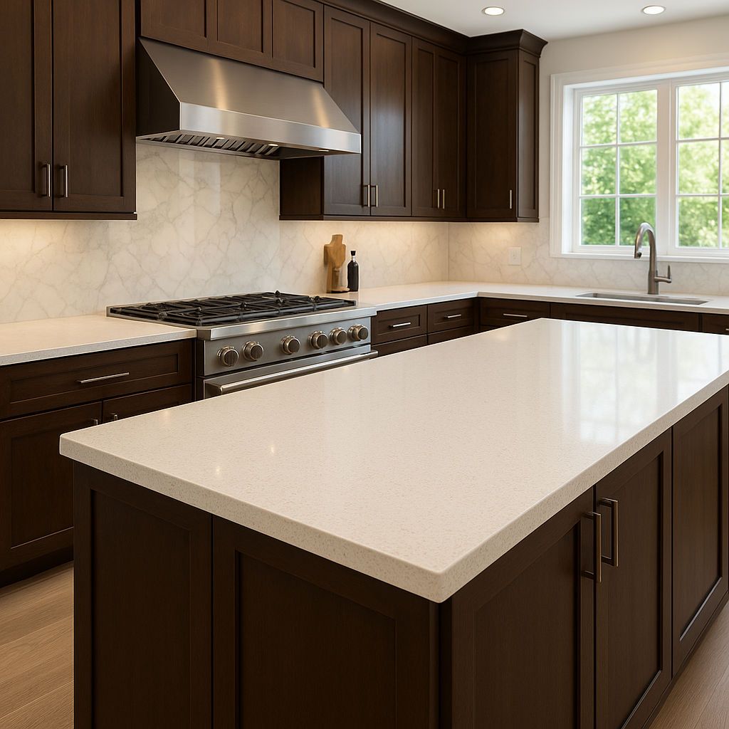 A kitchen with brown cabinets and white counter tops