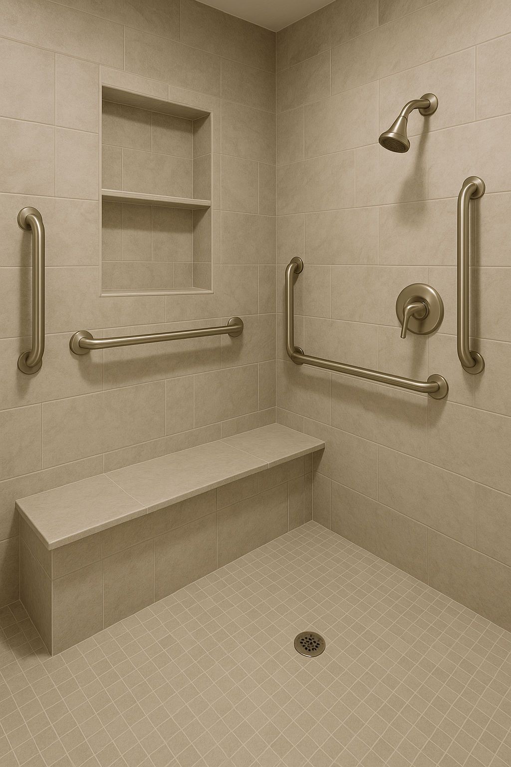 A shower with a bench , handrails , and a shower head.