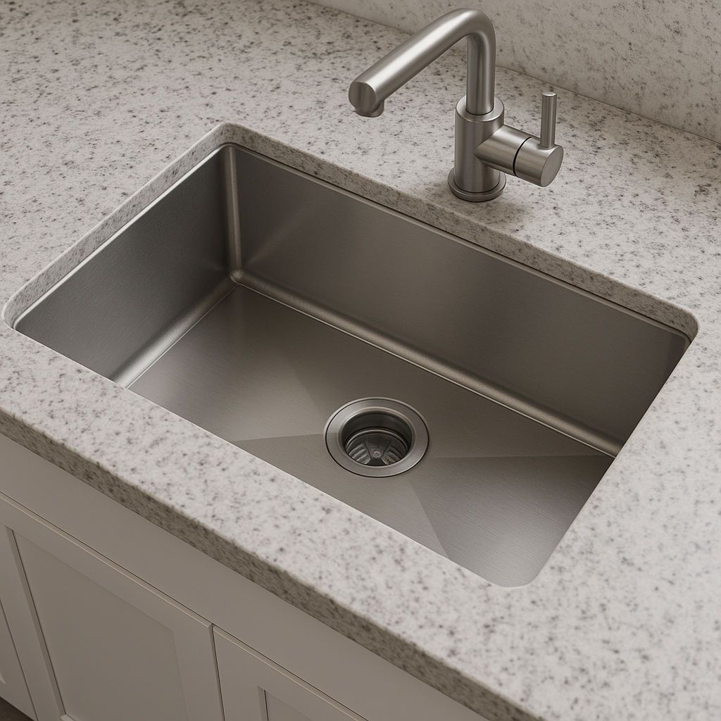 A stainless steel kitchen sink with a faucet on a granite counter top.