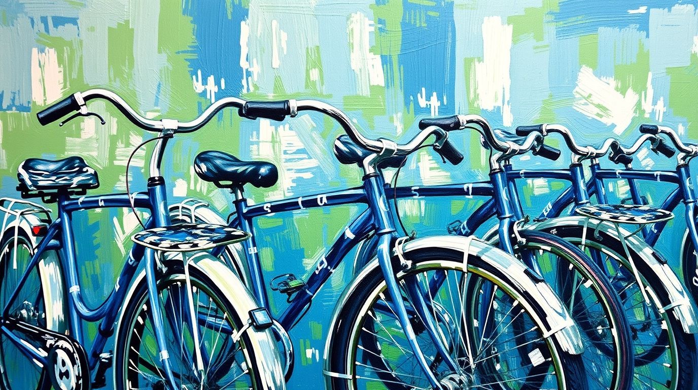 Blue bicycles parked in front of a blue and green wall.