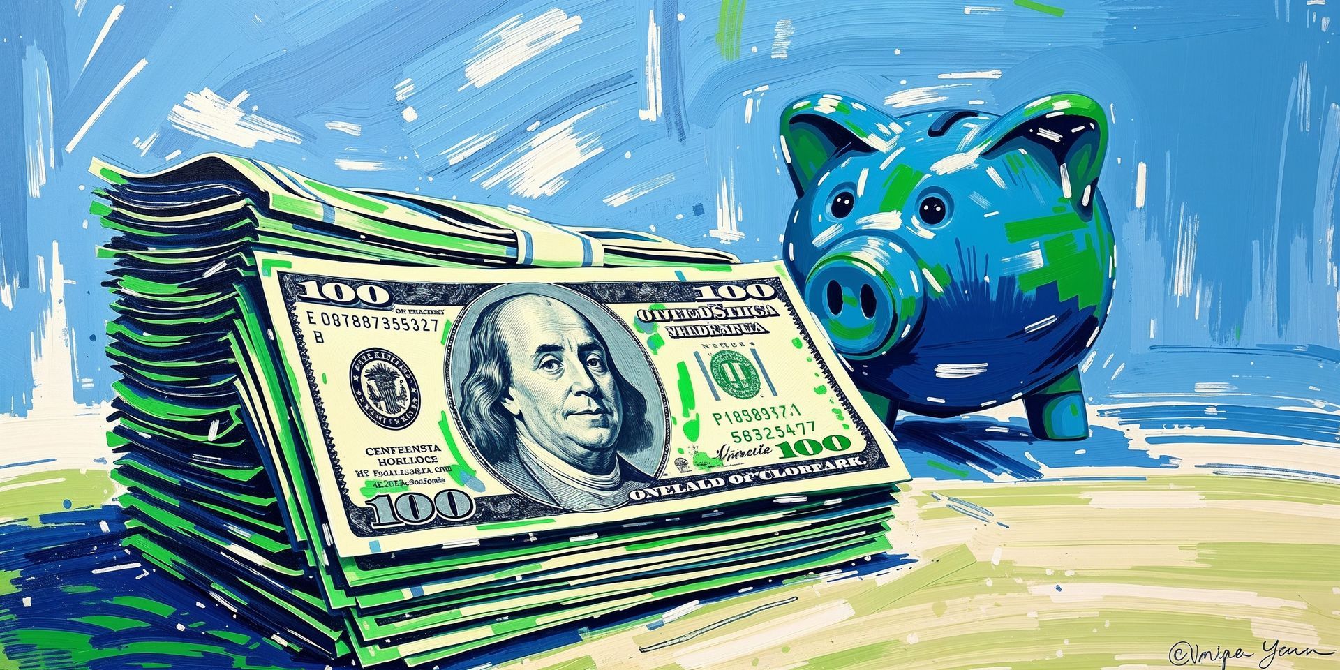 Stack of $100 bills next to a blue piggy bank, set against a blue background.