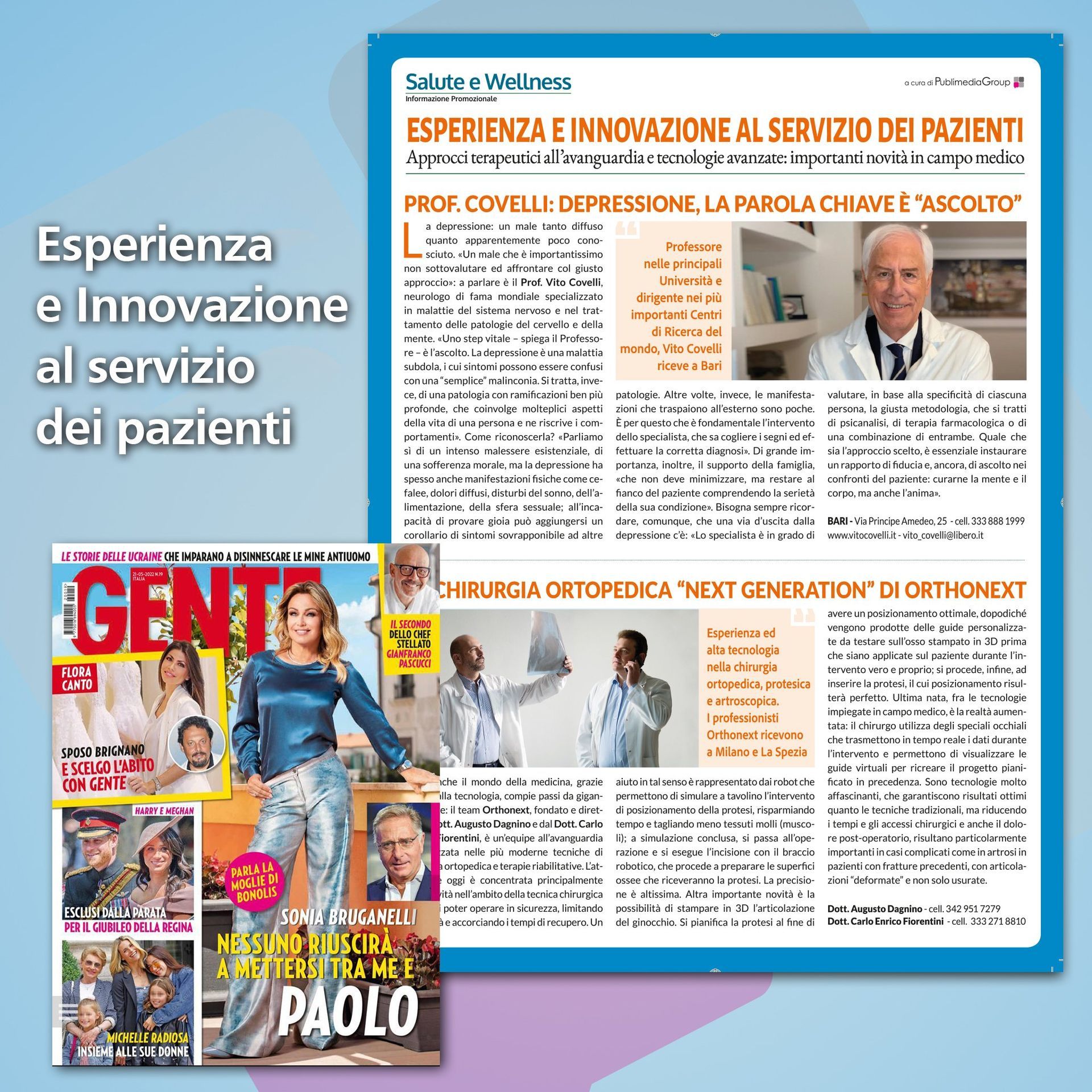 Copertina di una rivista e articolo in italiano sull'innovazione in ambito sanitario, su uno sfondo blu e viola.