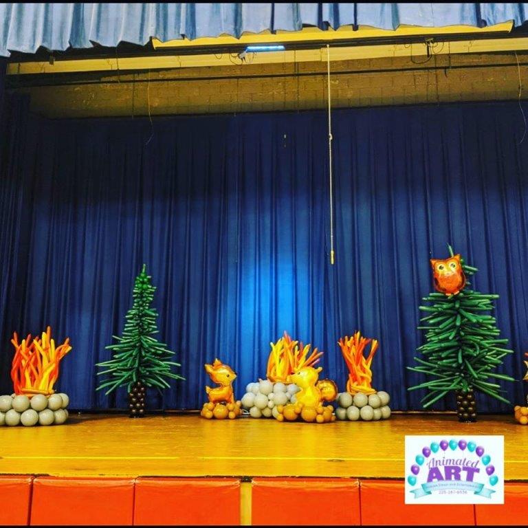 Woodland Balloon decor, Pinetree balloon sculpture, Camp fire balloon decor
