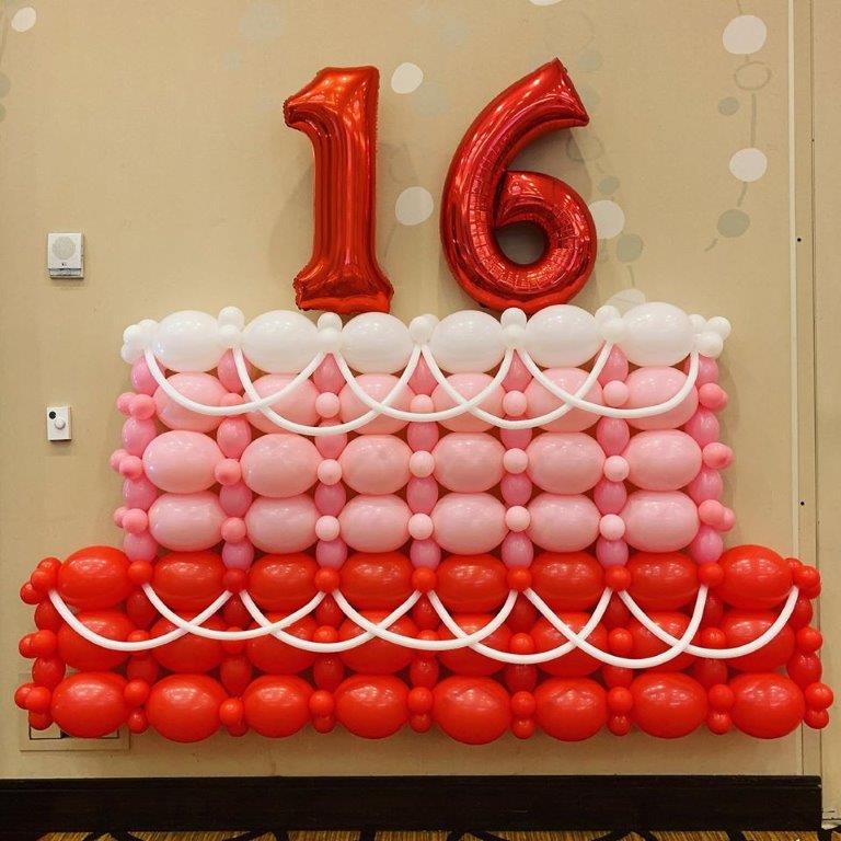 Birthday cake balloon sculpture, Sweet 16 balloon decor