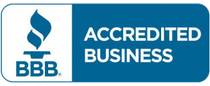 BBB Accredited Business logo, blue and white, with a torch and the words