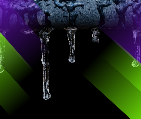 Icicles dripping from a dark, textured surface against a diagonal purple, green, and black background.