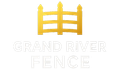 Gold fence icon above white text "Grand River Fence."