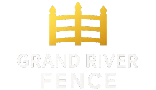Gold fence icon above white text "Grand River Fence."