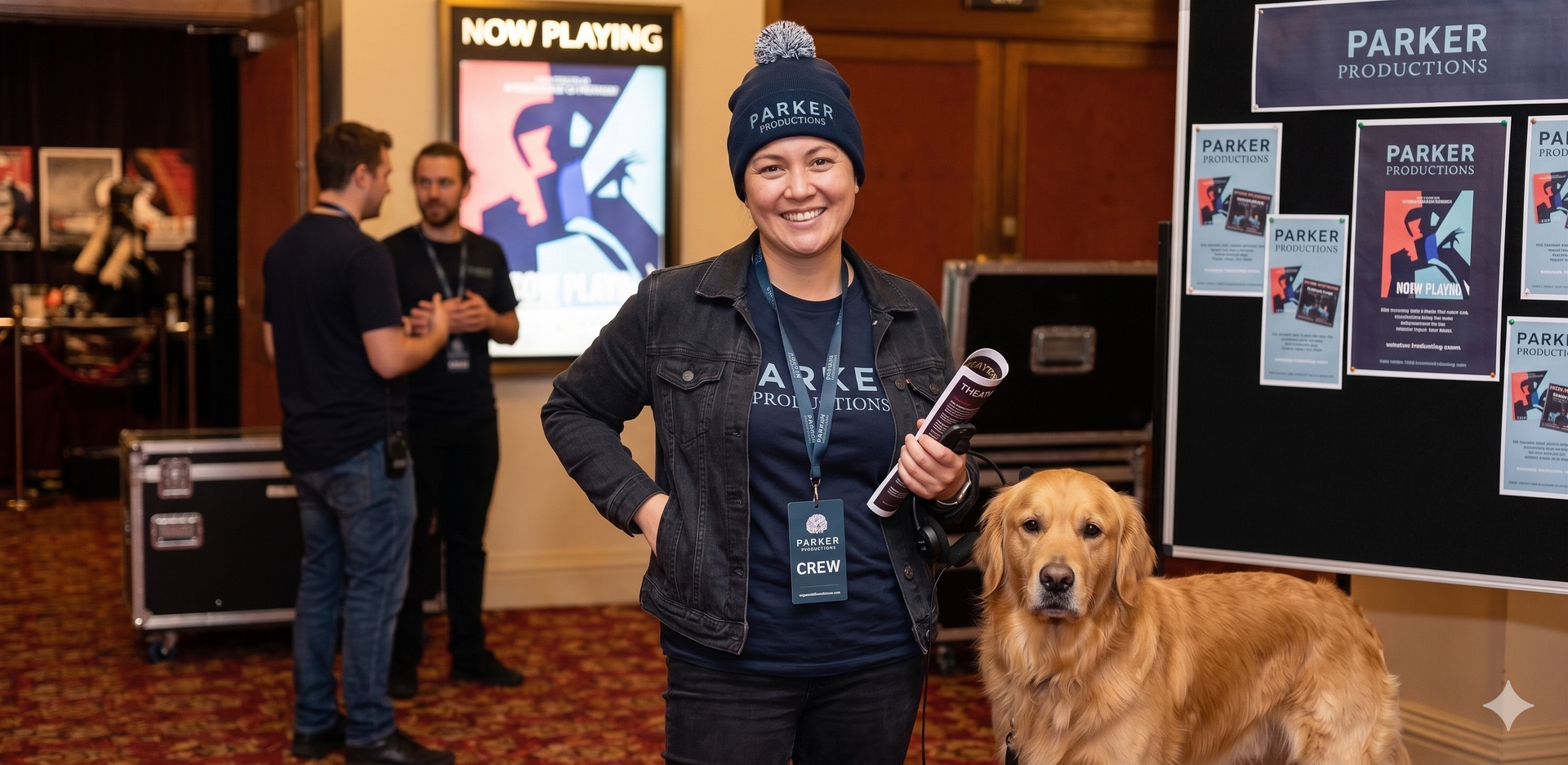 Woman with a dog in a lobby, smiling and holding a phone near movie posters and a