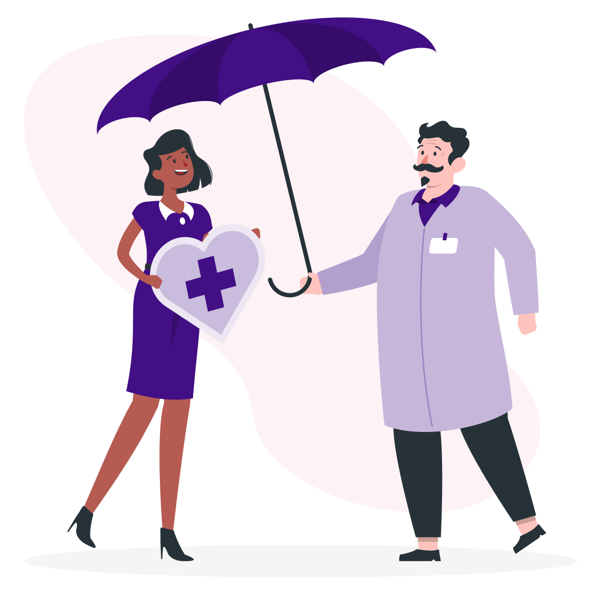Nurse holding heart with cross, doctor holds umbrella over her, protecting.