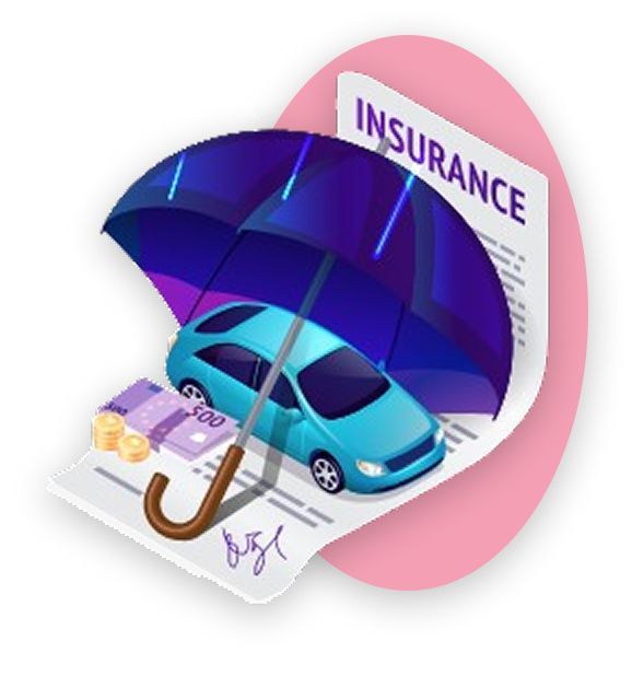 Blue car under an umbrella, on an insurance document, with money, illustrating car insurance.