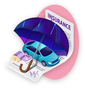 Blue car under an umbrella, on an insurance document, with money, illustrating car insurance.