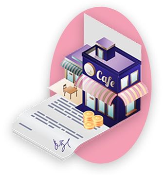 Cafe and store buildings emerging from a signed contract, with gold coins.