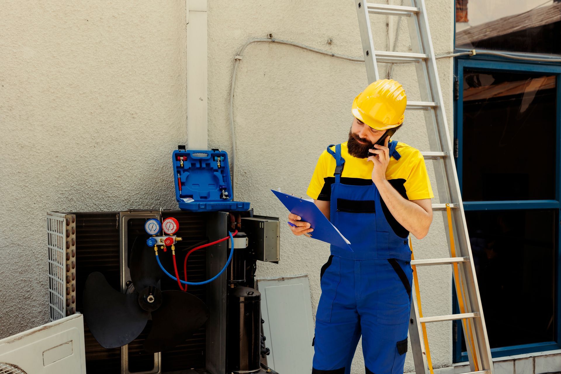 HVAC technician in blue overalls and yellow hard hat talking on phone, holding clipboard, by AC unit and ladder.