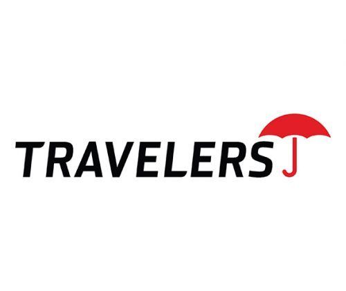 Travelers Insurance logo: Black text with a red umbrella icon.