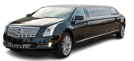 Black Cadillac limousine with chrome accents, on white background.